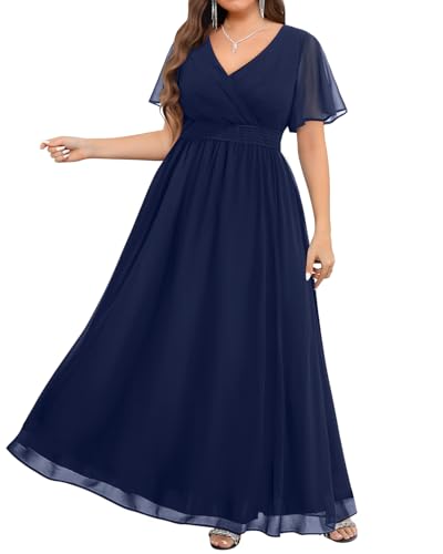 Image of Talisea Plus Size Formal Dresses - V Neck Flutter Sleeve Glitter Prom Evening Gowns Wedding Guest Chiffon Long Maxi Dress