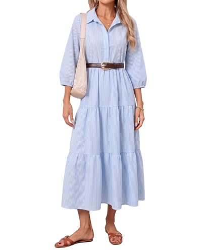 Image of Women Button Down Maxi Shirt Dress Long Sleeve Flowy Tiered Collared Dresses with Pockets