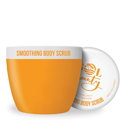 Sol Beauty Exfoliante corporal de vainilla, caramelo salado, reafirmante e hidratante, con extracto de nuez de Brasil y aceite de burití. Exfoliante corporal hidratante, vegano y de 300 g.