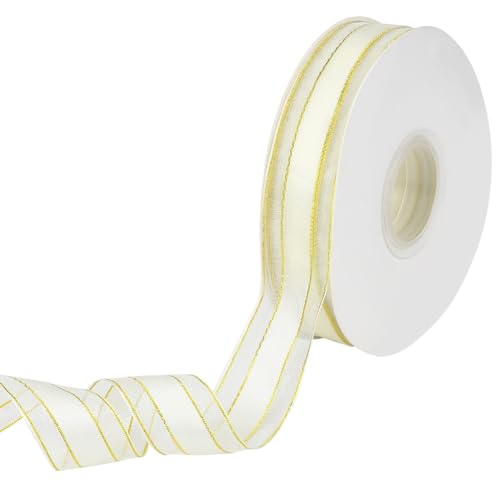 CABODYALS 50 Yards 1 Inch Gold Edge Ribbon Metallic Organza Ribbon Christmas Sheer Transparent Chiffon Silk Wrapping Ribbons with Spool for Wrapping Gift Making Craft Dress Wreaths Decor Supply