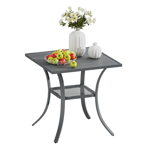 Image of VICLLAX Small Patio Dining Table, 28 inchx 28 inch Square Metal Slatted Table with Storage Shelf for Front Porch Deck Lawn Garden, No Umbrella Hole, Dark Grey Tabletop