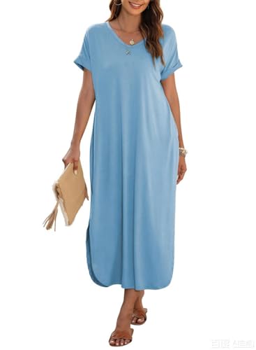Image of Dokotoo Womens Casual Maxi Dress Summer Dresses Swimsuit Coverups for Women Long T Shirt Dress Short Sleeve Solid Color Sundress Plus Size Blue Dresses XL