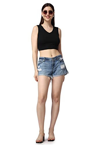 Image of POPWINGS Casual Solid Ribbed Crop Top for Women || Sleeveless & V-Neck Crop Tops for Women Black