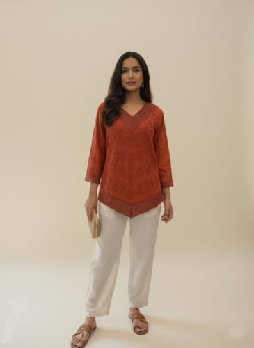 Image of Rust Women Rayon Top V Neck Embroidered Casual Ethnic Wear Stylish Comfortable Daily Office Party Top
