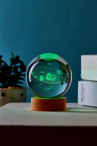 3D Solar System Crystal Ball Lamp,3.15 Inch K9 Crystal Ball Night Light With Wooden Base,16 Colors Changing With Remote Control,3D Planet Laser Engraving Holographic Crystal Ball Light (Solar System) #TOP6