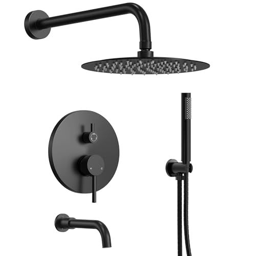 EVERSTEIN 10 High-Pressure Rainfall Shower System with Handheld Spray Wall Mount Bathroom Shower Faucet Set with Tub Spout (Matte Black)