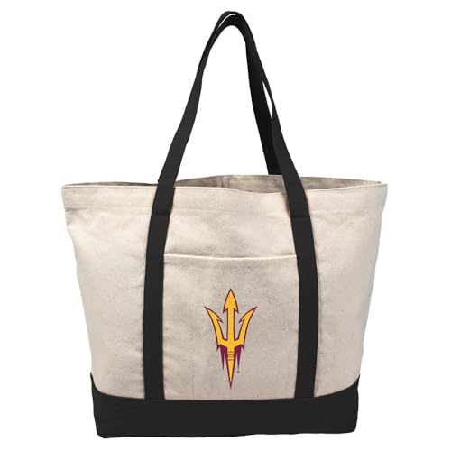 Arizona State University Sun Devils Primary Logo Canvas Tote Bag With External Pocket, Reusable Shoulder Bag for Shopping, Beach, Black