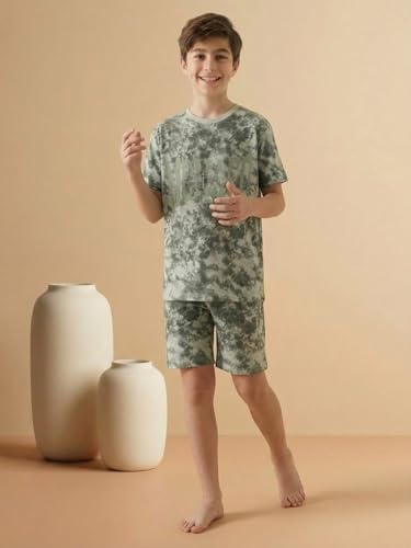 Image of Li'l Tomatoes Boys 100% Cotton Night Suit Set | Half Sleeve T-Shirt & Shorts | Color Block & Typography Print | Soft & Breathable Sleepwear | Casual Summer Wear | 9-16 Years