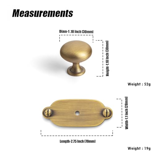 Image of Goo-Ki Brushed Brass Bronze Zinc Alloy Cabinet Knob with Backplate - Single Hole Center Cabinet Pull Hardware for Bedroom, Kitchen, 6 Pack(8611-G013)