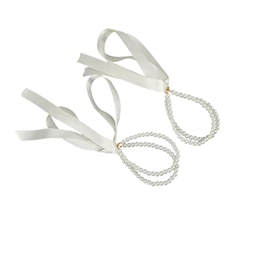 1 Pair Ribbon Pearl High Heels Ankle Straps with Self-Adhesive Heel Cushion Detachable Pearl Shoe Straps for Pumps Flats Stilettos Beige