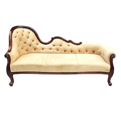 Image of Victorian Style Chaise Lounge, Tufted Cream Upholstery, Mahogany Wood Frame, Classic Living Room Furniture (diwan Seater of 3)