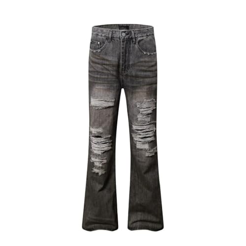 Men’s Ripped Washed Distressed Jeans, Scratch Design, High Street Loose Straight Flare Denim Pants