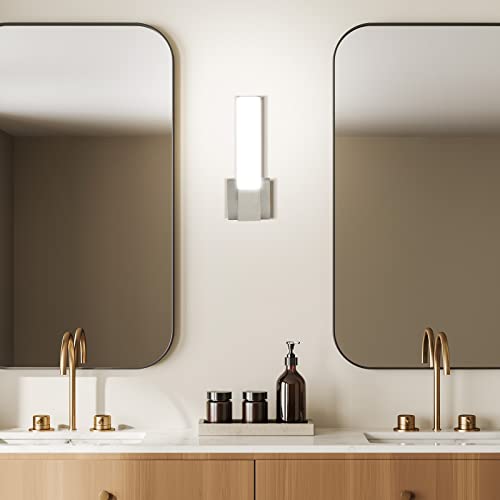 Image of LUXRITE 14 inch Modern LED Wall Sconces Set of Two, Brushed Nickel, Bathroom Vanity Light Fixtures, 5 Color Options 2700K-5000K, CRI 90, 1050 Lumens, Dimmable, Damp Rated, ETL Listed, Square Wall Lamp