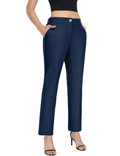 Little Donkey Andy Women's Stretchy Straight Leg Dress Pants Business Casual Elastic Waist Cropped Work Pants with Pockets Blue M