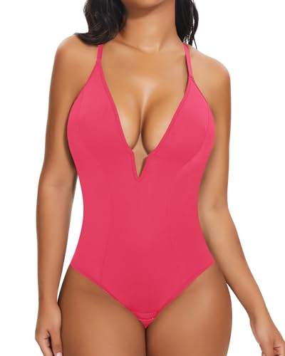 Image of SHAPERIN Bodysuit for Women Shapewear Tummy Control Deep V Neck Plunge Sleeveless Backless Thong Body Suit Tank Top