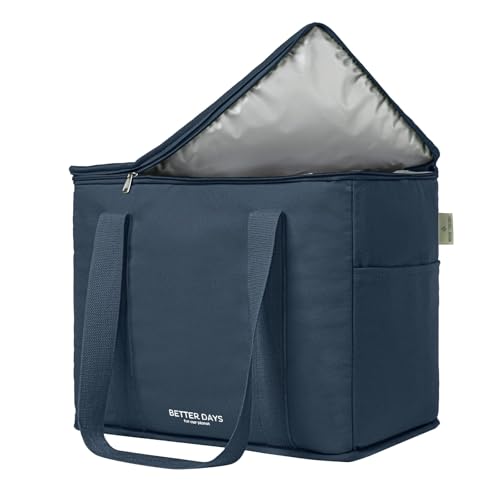 Nook Theory Reusable Insulated Grocery Bag - Leak Proof, X Large Insulated Cooler Bag - Insulated Shopping Bags for Groceries - Travel Cooler Bag for Frozen and Hot Food with Zippered Top (Deep Blue)