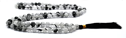 Certified Black Rutilated Quartz Crystal Japa Mala Saadi - 108 Beads Buddhist Prayer Beads - AAA Grade Original Healing Gemstone Agate Mala for Yoga Meditation Spiritual Reiki Feng Shui