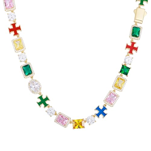 Multi Gemstone Tennis Necklaces For Women Men, 8MM, 16-24inches, 925 Sterling Silver, Cubic Zirconia, 18K Gold Plated Birthstone Necklace- Gifts For Birthday, Holidays, Anniversary, Christmas