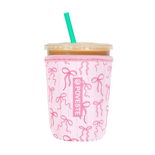 Image of Reusable Neoprene Insulator Sleeve for Iced Coffee & Cold Soda, Coffee Sleeves for Iced & Hot Drinks, Cold Beverage Cooler Compatible with Starbucks, Dunkin (Pink Bow Charm, Small: 16-18oz)
