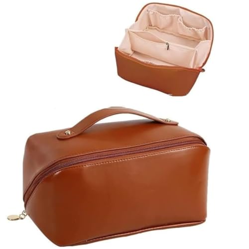 Image of Dangfly Large Capacity Travel Cosmetic Bag with Handle and Divider - Multifunctional Makeup Bag for Easy Access,Waterproof 10 Cms (Brown)