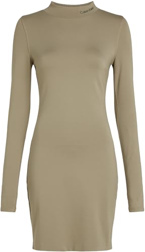 Calvin Klein Damen Kleid Logo Elastic Milano Langarm, Beige (Nordic Dust), L – Ansicht 5