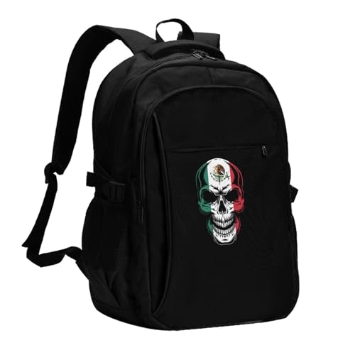 Skull Flag Of Mexico Travel Backpack, Extra Large 50L Laptop Backpacks for Men Women, College Backpacks Work Bag with USB Charging Port Fits 17 Inch Computer, Black