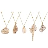HACEOLHADA 5Pcs Natural Seashell Scallop Conch Pendant Necklace Inlaid with Gold Rimmed Seashell Necklace Adjustable Seashell Jewelry Gifts for Women