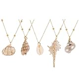 5Pcs Natural Seashell Scallop Conch Pendant Necklace Inlaid with Gold Rimmed Seashell Necklace Sea Shell Necklace Scallop Necklace Conch Necklace Adjustable Seashell Jewelry Gifts for Women Girls