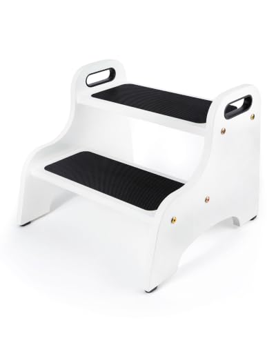 Image of StrongTek Wood 2 Step Stool, White | Non-Slip Surface, Portable Handles, Skid Resistant Foot Pads, 350 lb Capacity