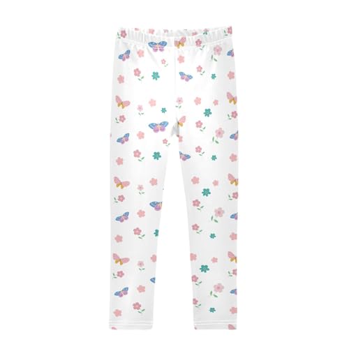 Flowers and Butterfly on White Girls Leggings,Workout Leggings for Girls Toddler Athletic Leggings Size for 3-10T
