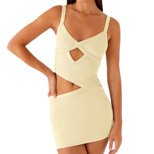 Image of Women Sexy Cutout Mini Dress Spaghetti Strap Backless V-Neck Patchwork Bodycon Short Dress Party Cocktail