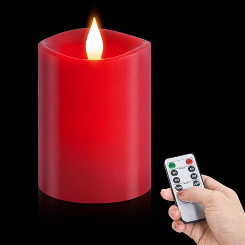 Image of 3x4 Flickering Flameless Candles,Real Wax Pillar led Candles Flickering,with Timer,4 inch Flameless Candles with Remote,for Party Wedding Holiday Home Decor,Red