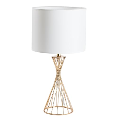 Gold Table Lamp, Small Desk Lamp, Modern Nightstand Bedside Lamp with White Fabric Shade, Metal Geometric Hollow Out Base Lamps for Living Room Bedrooms