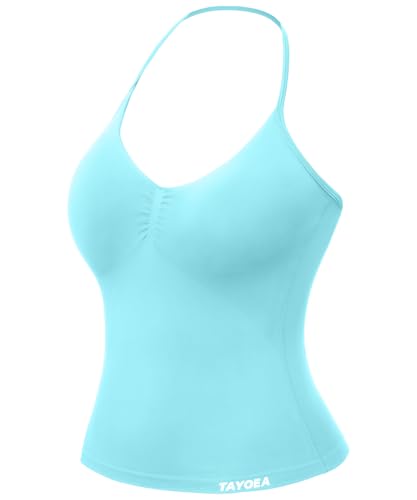 TAYOEA Tank Top Damen Bauchfreies Oberteil mit V-Ausschnitt Rückenfreies Crop Top mit Integriertem Pads Damen für Yoga Gym Seeblau M