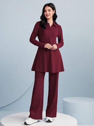 Tadkee Women's Solid Color Two-Piece Set | Long Sleeve Top & Wide Leg Pants Co-Ord Set | Casual Wear Co Ord Set (Fn-Full-Sleeve-Cord-125-Maroon-Xxl)