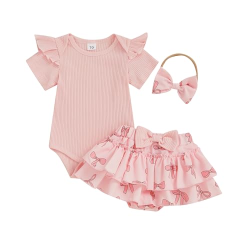 Image of Engofs Baby Girl Clothes Newborn Summer Outfits Short Sleeve Romper Ruffle Bloomers Shorts with Headband