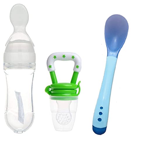 Image of Baby Feeding Set All in One 1- Baby Food Fruit Nibbler 1- Baby Food Feeder 1- Baby Heat Sensor Feeding Spoon (Multicolor8)