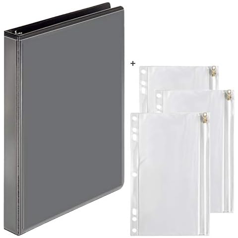 3 Ring Binder, 1 Inch, Round Rings, Hold Up to 175 Sheets with 3 Vinyl Ring Binder Pockets Pencil Pouches with Zip Closure - Value Set (Black) Cover