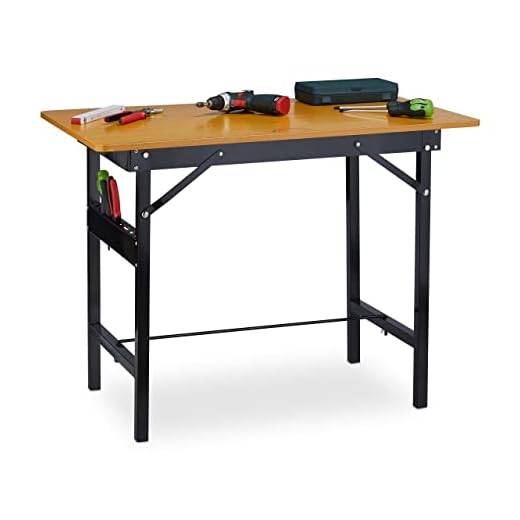 Relaxdays Mesa Plegable Taller, hasta 100 kg, Regla, Transportador, 76x100x60cm, Banco Trabajo Carpintero, Natural Negro, 60% Acero 40% Tablero de Fibra