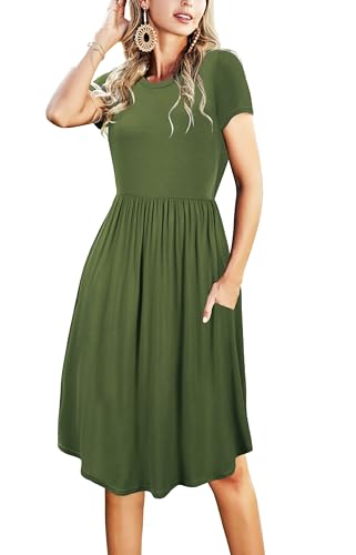 Image of Simier Fariry Womens Summer Modest Work Casual Midi Knee Dress Pocket Short Sleeve Teacher Outfits Spring Travel Clothes