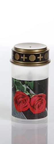 Schlaraffenland LED Grabkerze mit Motiv, 13cm hoch, Brenndauer von bis zu 200 Tagen, flackerlicht, Grablaterne Wind und Regenfest, Grablampe (Rose, weiß) Cover