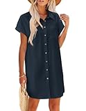 Zeagoo Summer Dresses for Women 2025 Casual A Line Cotton Linen Mini Sundresses Flutter Sleeve Button Down Beach Cover Up Navy Blue S