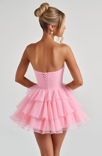 Strapless Organza Homecoming Dresses for Teens with 3D Flower Tiered A-Line Mini Formal Dress for Women4