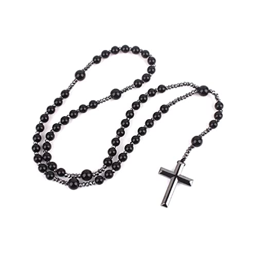 aoixbcuroc Hämatit Segen Rosenkranz Gebet Halskette mit Kreuz Anhänger Religiöser Schmuck Kreuz Religiöses Amulett Lange Kette Rosenkranz katholische Halskette für Männer Cover