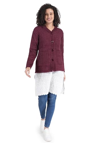 Image of MANRA Women's Woolen V-Neck Buttoned Full Sleeve Cardigan Self Design Soft Wool Fabric Winter Wear Pure Wool Sweater Fully Warm with Front Pockets Stylish Cardigan