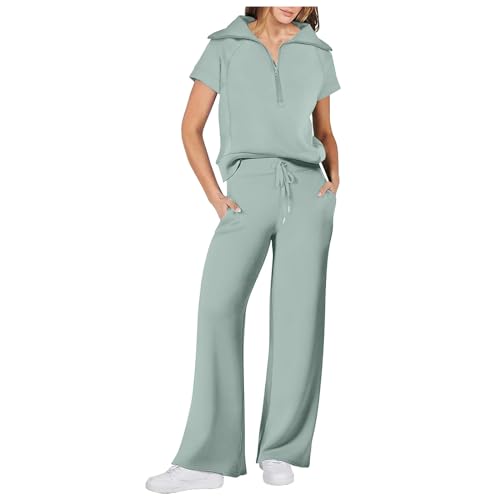 Survêtement 2 pièces femme ensemble pantalon large et haut zippé manches courtes