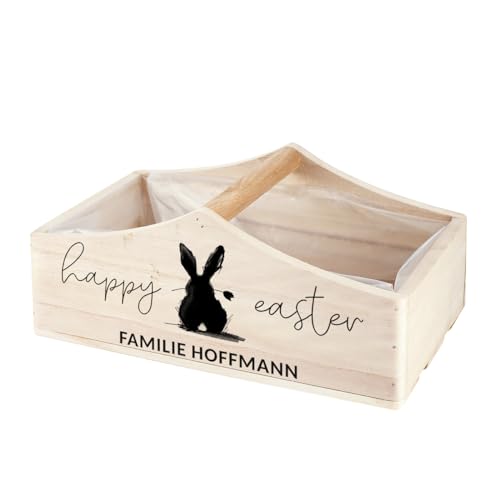 Herz & Heim® Osternest Pflanzkiste mit Gravur oder Druck - Osterkörbchen (Happy Easter Schwarz)