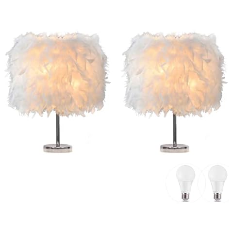 LIUNIAN 2 Pack Feather Bedside Lamp Bedside Lampshade Modern Fashion Feather Table Light Desk Lampshade with 3W Bulb for Living Room, Bedroom, Bar, Restaurant, Home Decoration Cover