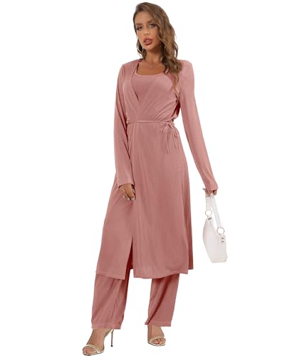 Image of 3 Piece Lounge Sets for Women Airport Travel Outfit | Long Cardigan,Tank Top ,Wide Leg Pants with Pockets,Comfy Loungewear,Casual Chic, Airplane Clothing,Vacation Matching Set