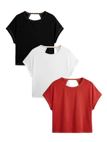 Image of RoseSeek Women's 3 Packs Open Back Tops T Shirt Criss Cross Cut Out Tee Short Sleeve Crewneck Summer Backless Tops